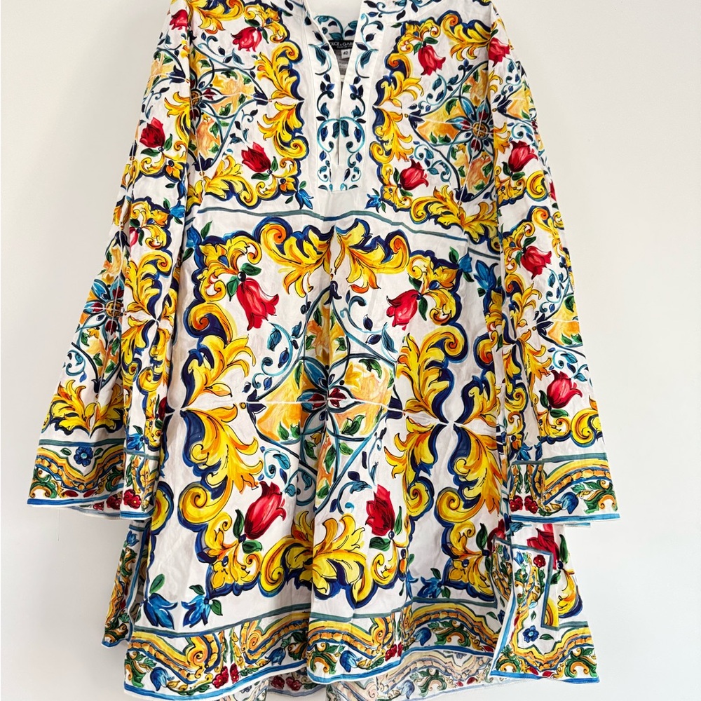 Dolce and Gabbana Majolica Printed Cotton Bell Sleeve Kaftan Dress size IT 42 - Picture 5 of 13